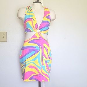 Womens Y2K Sexy Tie Dye Halterneck Mini Dress V-Neck Sleeveless Backless…